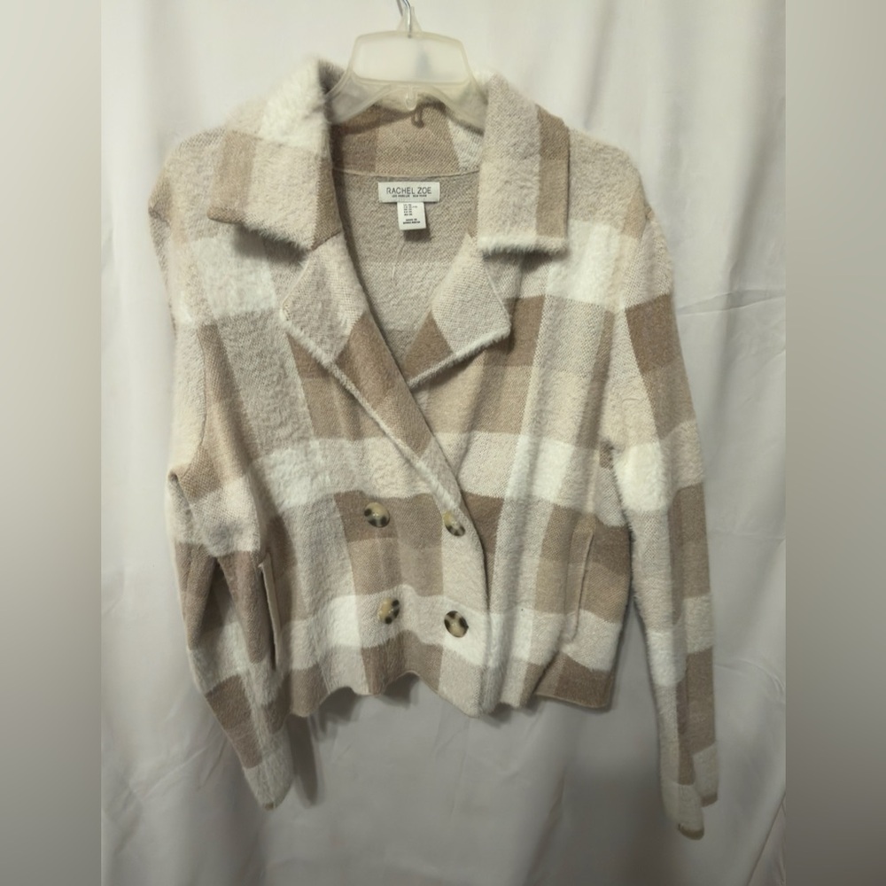 Rachel Zoe Plaid Shacket Coatigan Beige Long Sleeve Soft Brushed Knit Size XL